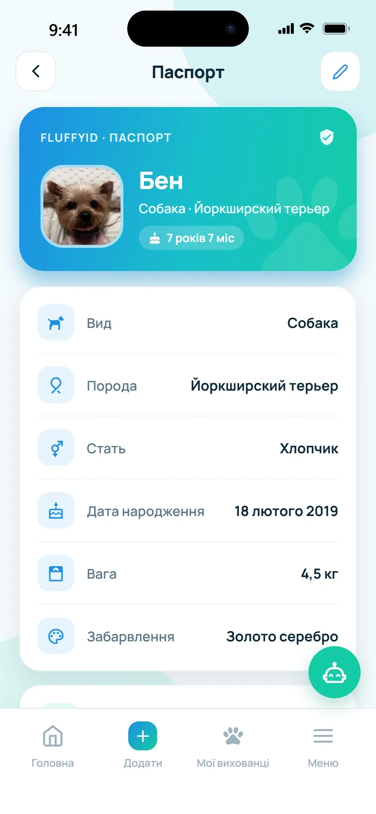 Паспорт улюбленця у FluffyID: фото, вид, порода, стать, дата народження, вага
